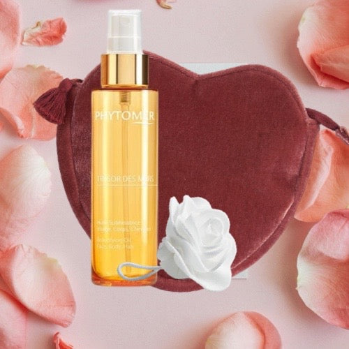 Coffret St Valentin : Huile de Massage Sublimatrice Phytomer + Trousse Velours Coeur + Fleur de Douche